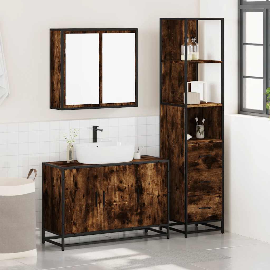 vidaXL Set mobilier de baie, 3 piese, stejar fumuriu, lemn prelucrat vidaXL Set mobilier de baie, 3 piese, stejar fumuriu, lemn prelucrat