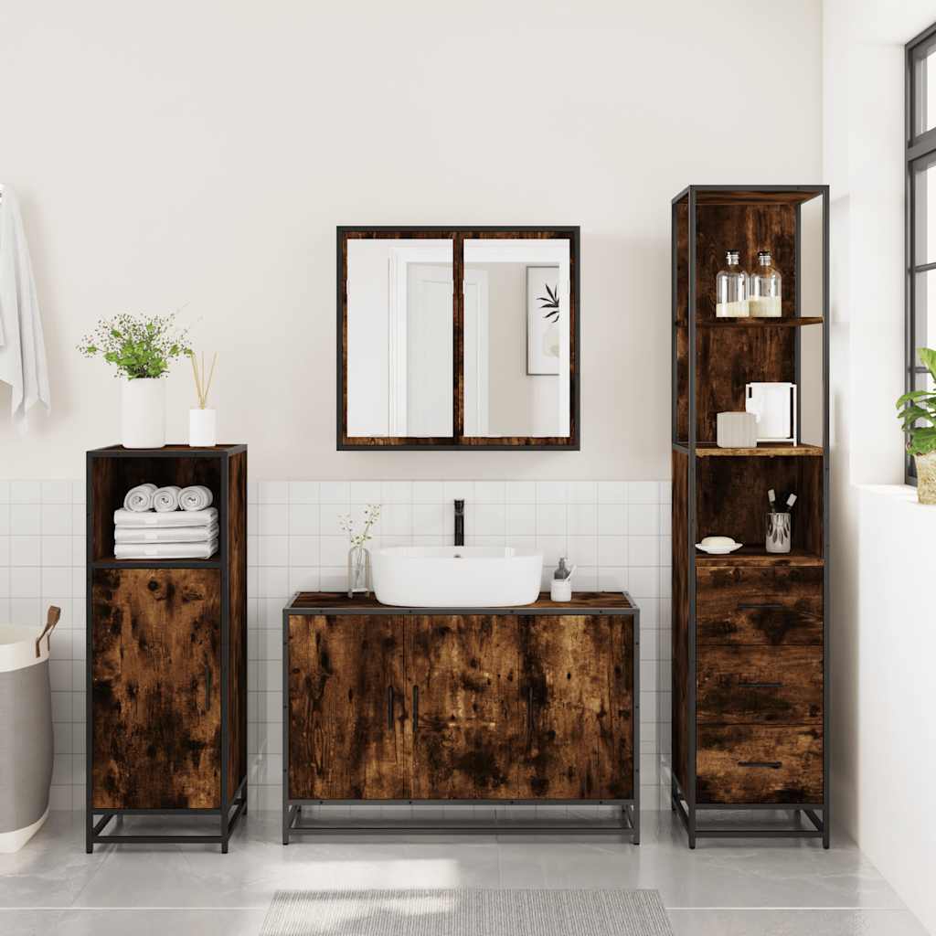 vidaXL Set mobilier de baie, 3 piese, stejar fumuriu, lemn prelucrat vidaXL Set mobilier de baie, 3 piese, stejar fumuriu, lemn prelucrat