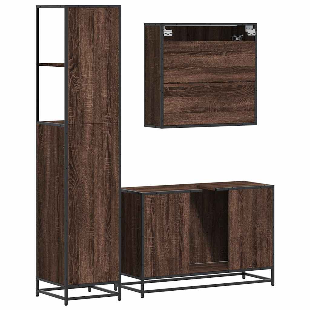 vidaXL Set mobilier de baie, 3 piese, stejar maro, lemn prelucrat