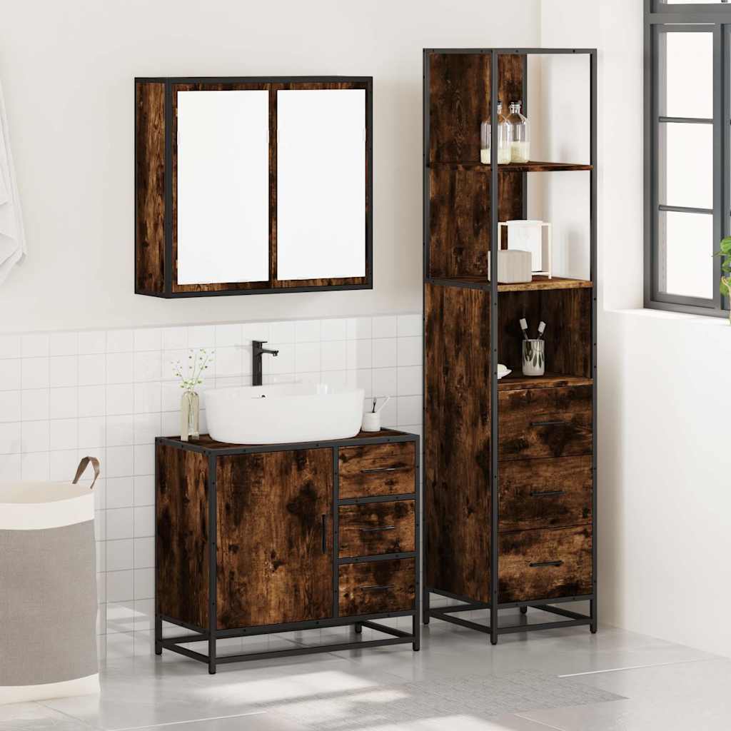 vidaXL Set mobilier de baie, 3 piese, stejar fumuriu, lemn prelucrat