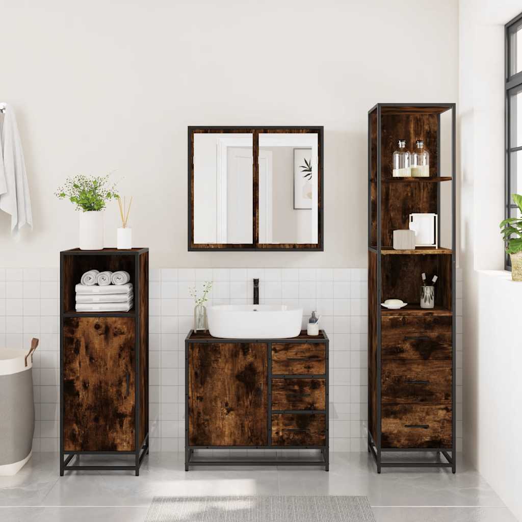 vidaXL Set mobilier de baie, 3 piese, stejar fumuriu, lemn prelucrat