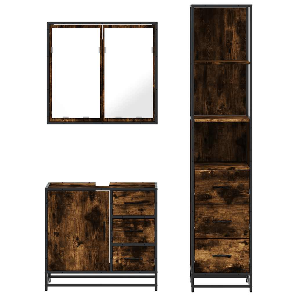 vidaXL Set mobilier de baie, 3 piese, stejar fumuriu, lemn prelucrat