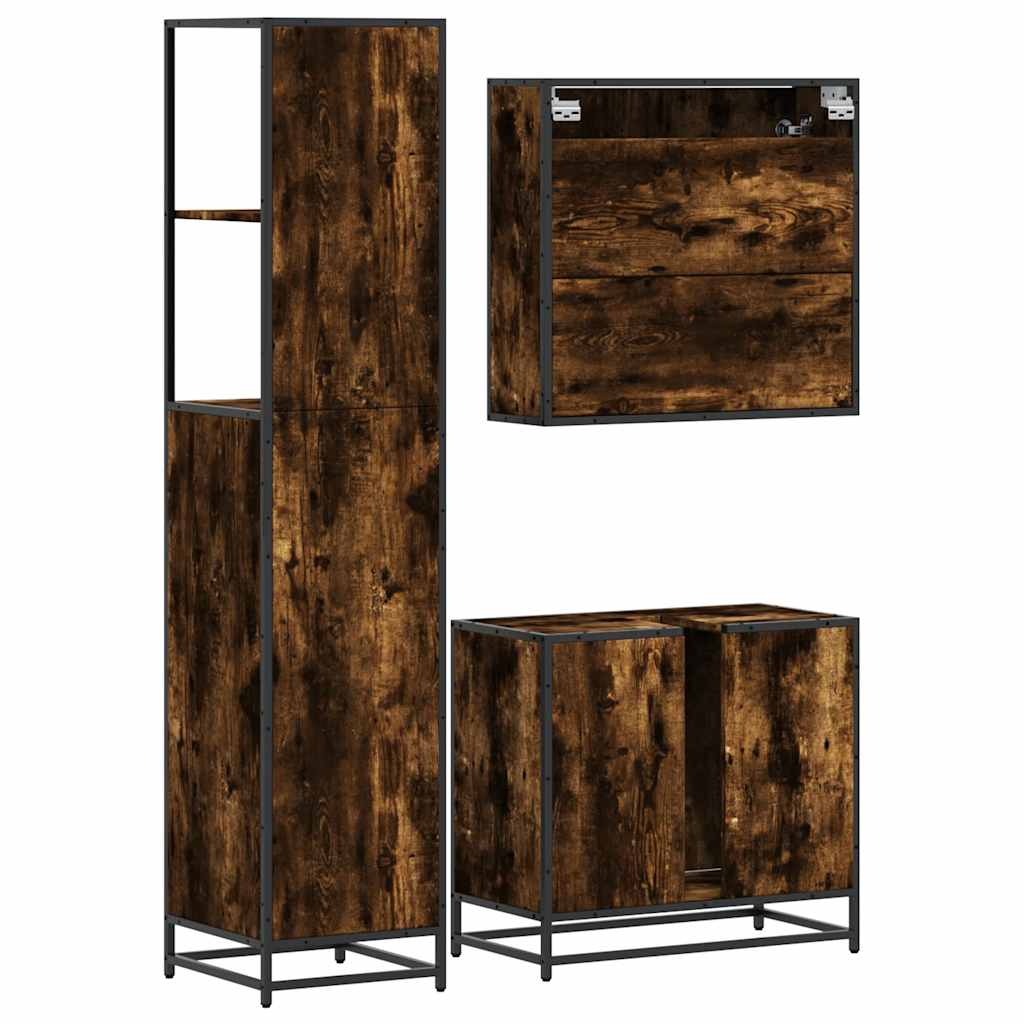 vidaXL Set mobilier de baie, 3 piese, stejar fumuriu, lemn prelucrat