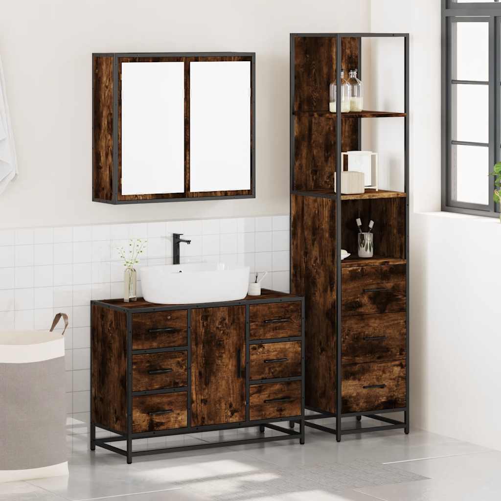 vidaXL Set mobilier de baie, 3 piese, stejar fumuriu, lemn prelucrat