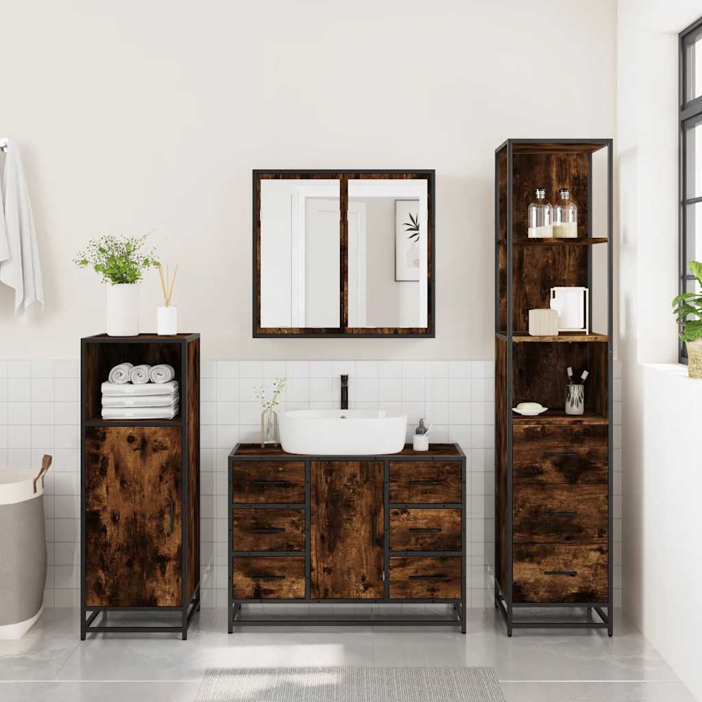 vidaXL Set mobilier de baie, 3 piese, stejar fumuriu, lemn prelucrat