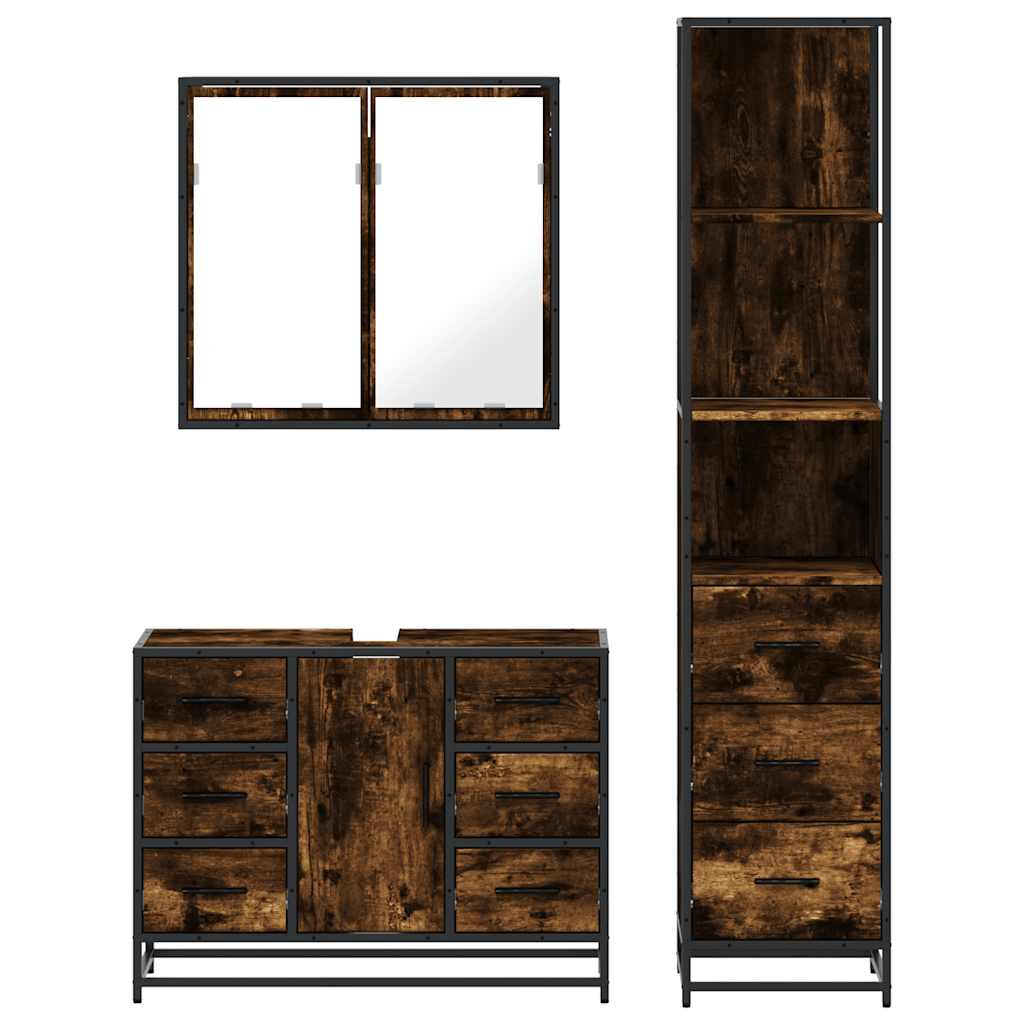 vidaXL Set mobilier de baie, 3 piese, stejar fumuriu, lemn prelucrat