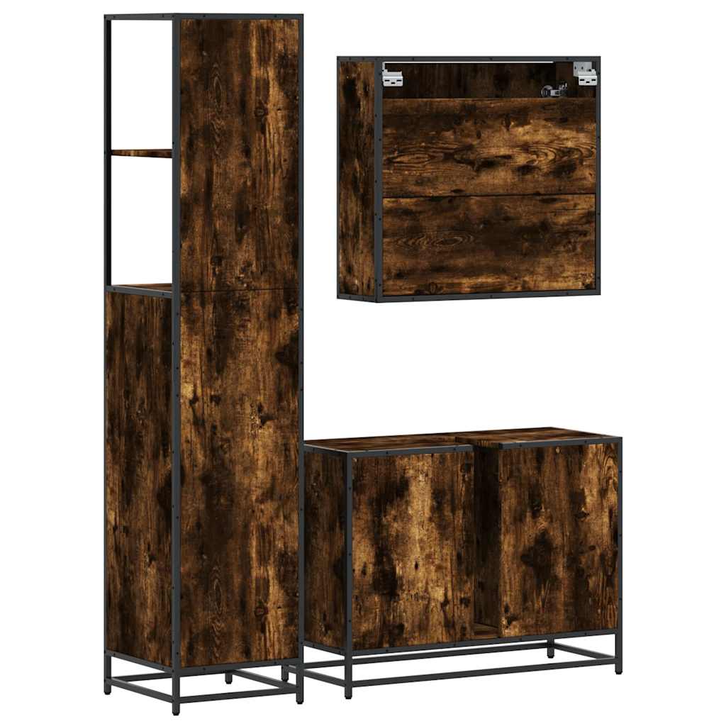 vidaXL Set mobilier de baie, 3 piese, stejar fumuriu, lemn prelucrat