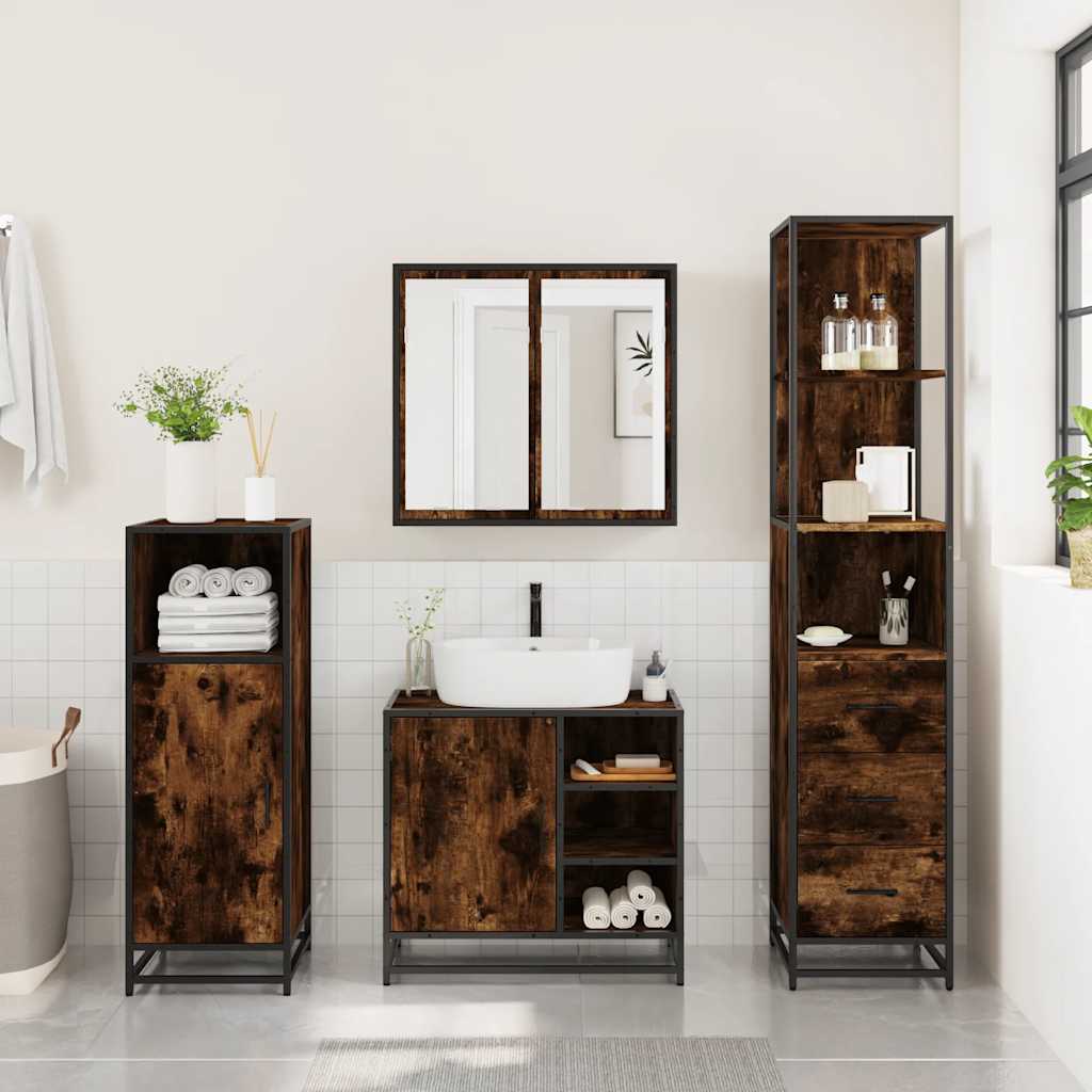vidaXL Set mobilier de baie, 3 piese, stejar fumuriu, lemn prelucrat vidaXL Set mobilier de baie, 3 piese, stejar fumuriu, lemn prelucrat