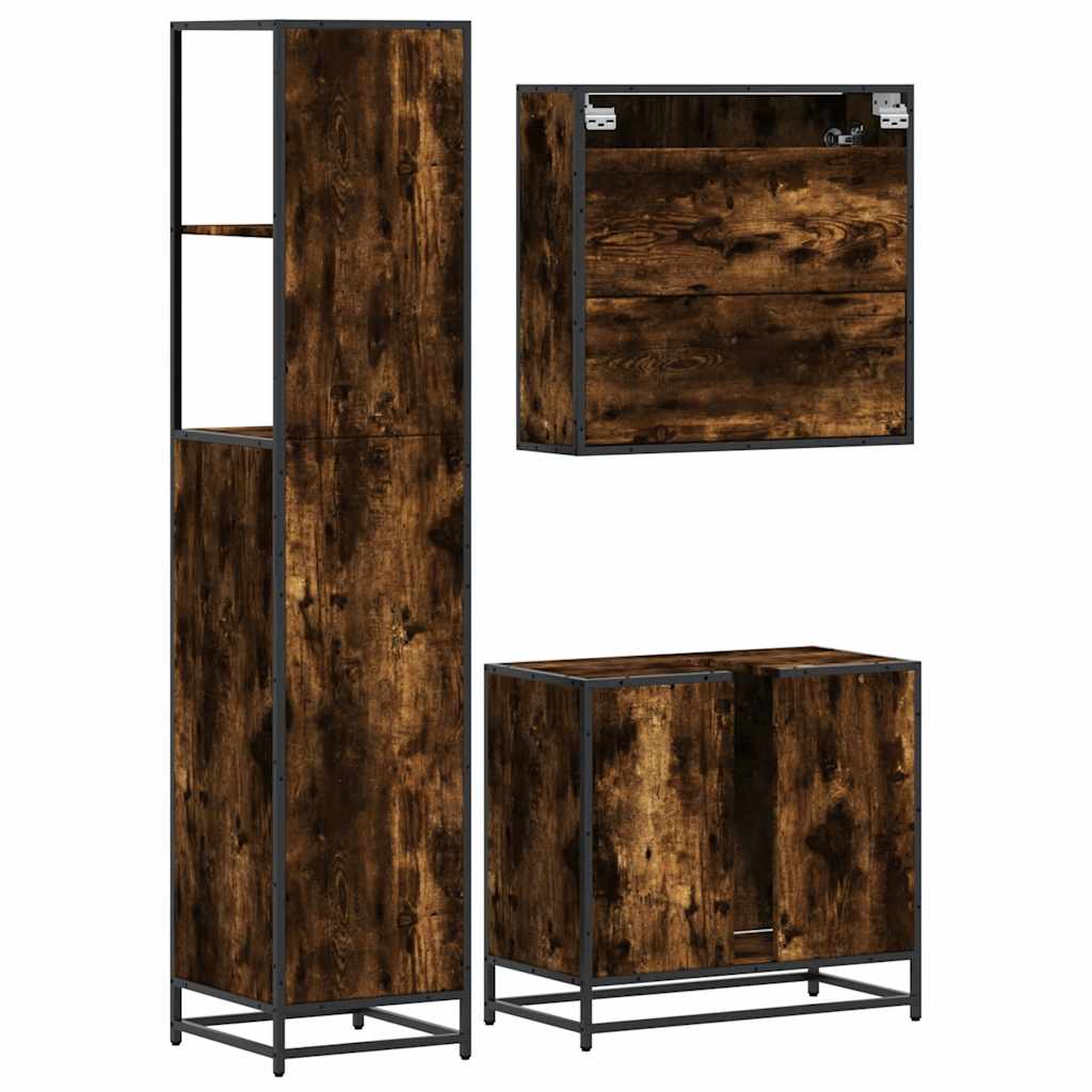 vidaXL Set mobilier de baie, 3 piese, stejar fumuriu, lemn prelucrat vidaXL Set mobilier de baie, 3 piese, stejar fumuriu, lemn prelucrat