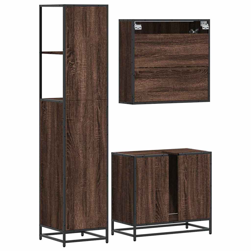 vidaXL Set mobilier de baie, 3 piese, stejar maro, lemn prelucrat