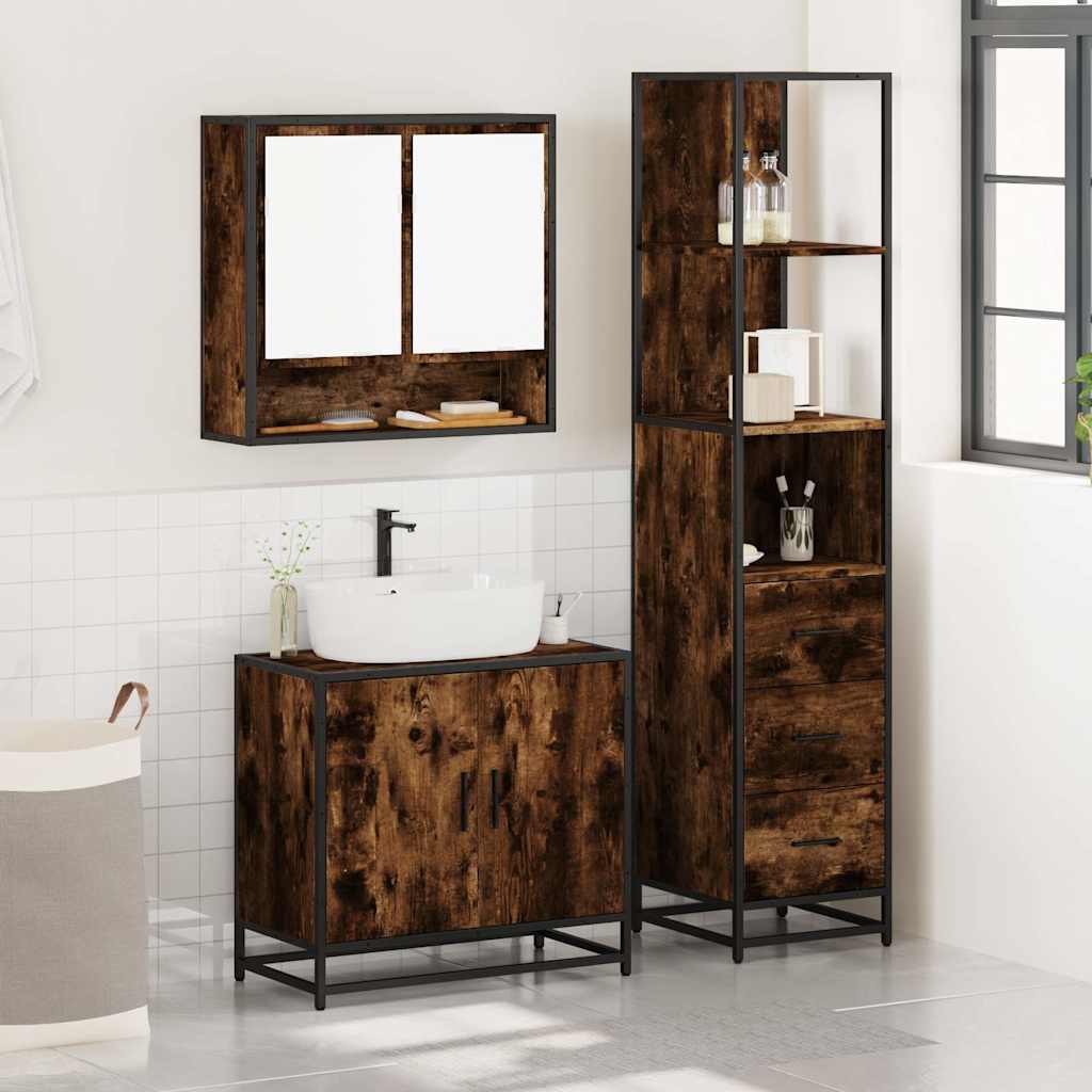 vidaXL Set mobilier de baie, 3 piese, stejar fumuriu, lemn prelucrat