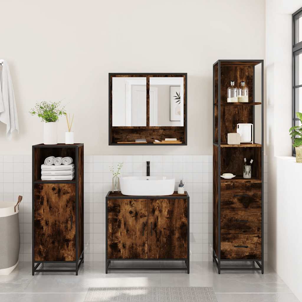 vidaXL Set mobilier de baie, 3 piese, stejar fumuriu, lemn prelucrat