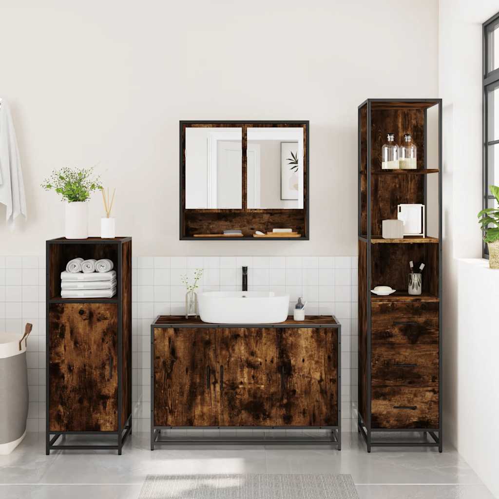 vidaXL Set mobilier de baie, 3 piese, stejar fumuriu, lemn prelucrat