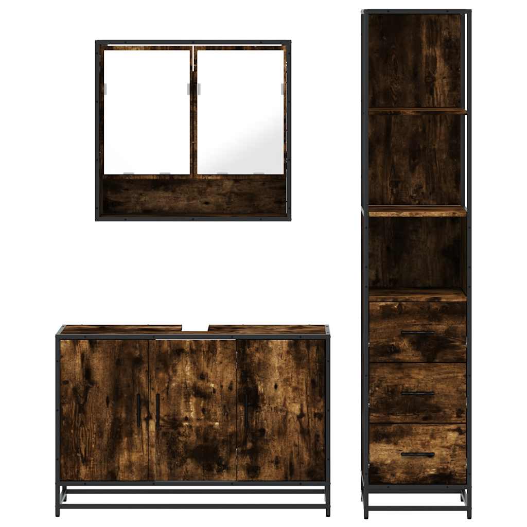 vidaXL Set mobilier de baie, 3 piese, stejar fumuriu, lemn prelucrat