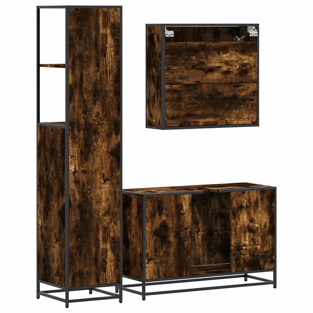 vidaXL Set mobilier de baie, 3 piese, stejar fumuriu, lemn prelucrat