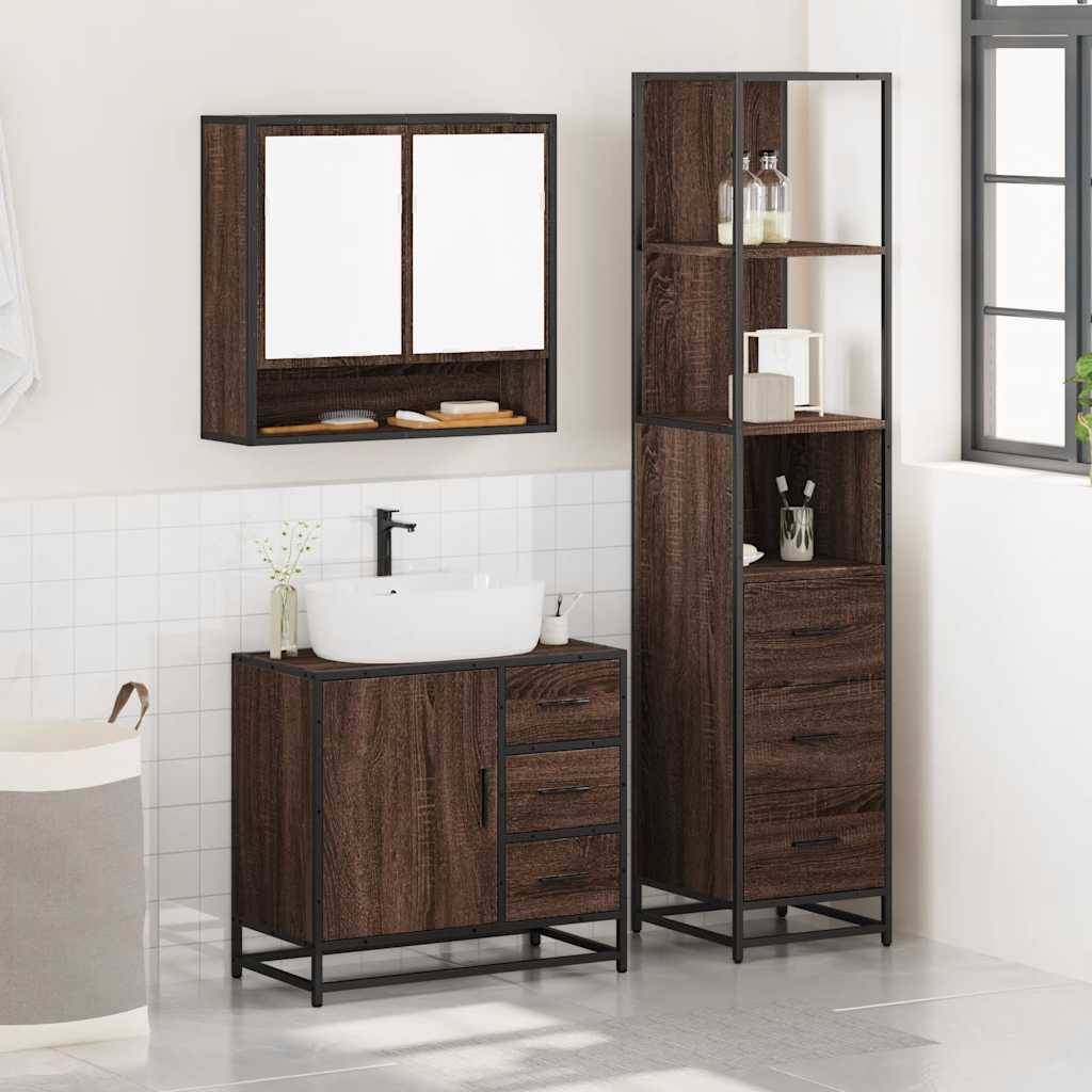 vidaXL Set mobilier de baie, 3 piese, stejar maro, lemn prelucrat