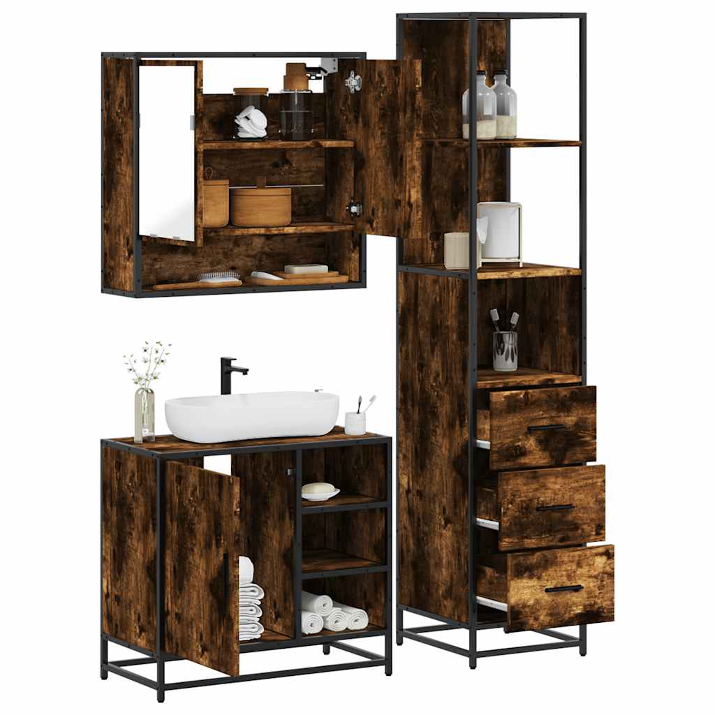 vidaXL Set mobilier de baie, 3 piese, stejar fumuriu, lemn prelucrat vidaXL Set mobilier de baie, 3 piese, stejar fumuriu, lemn prelucrat