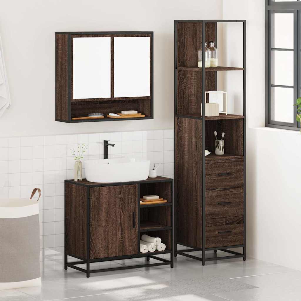 vidaXL Set mobilier de baie, 3 piese, stejar maro, lemn prelucrat