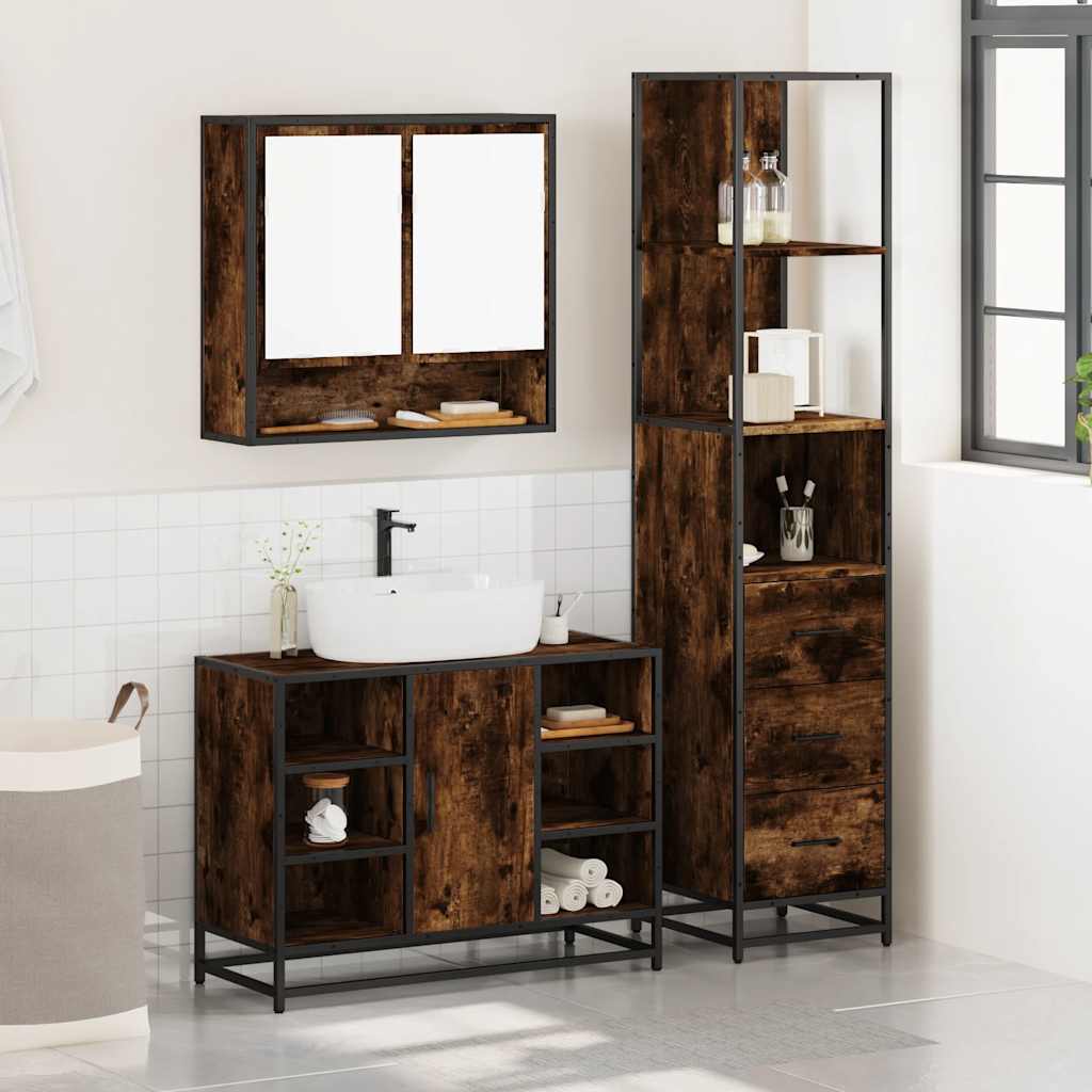 vidaXL Set de mobilier de baie din 3 piese din lemn de stejar afumat vidaXL Set de mobilier de baie din 3 piese din lemn de stejar afumat