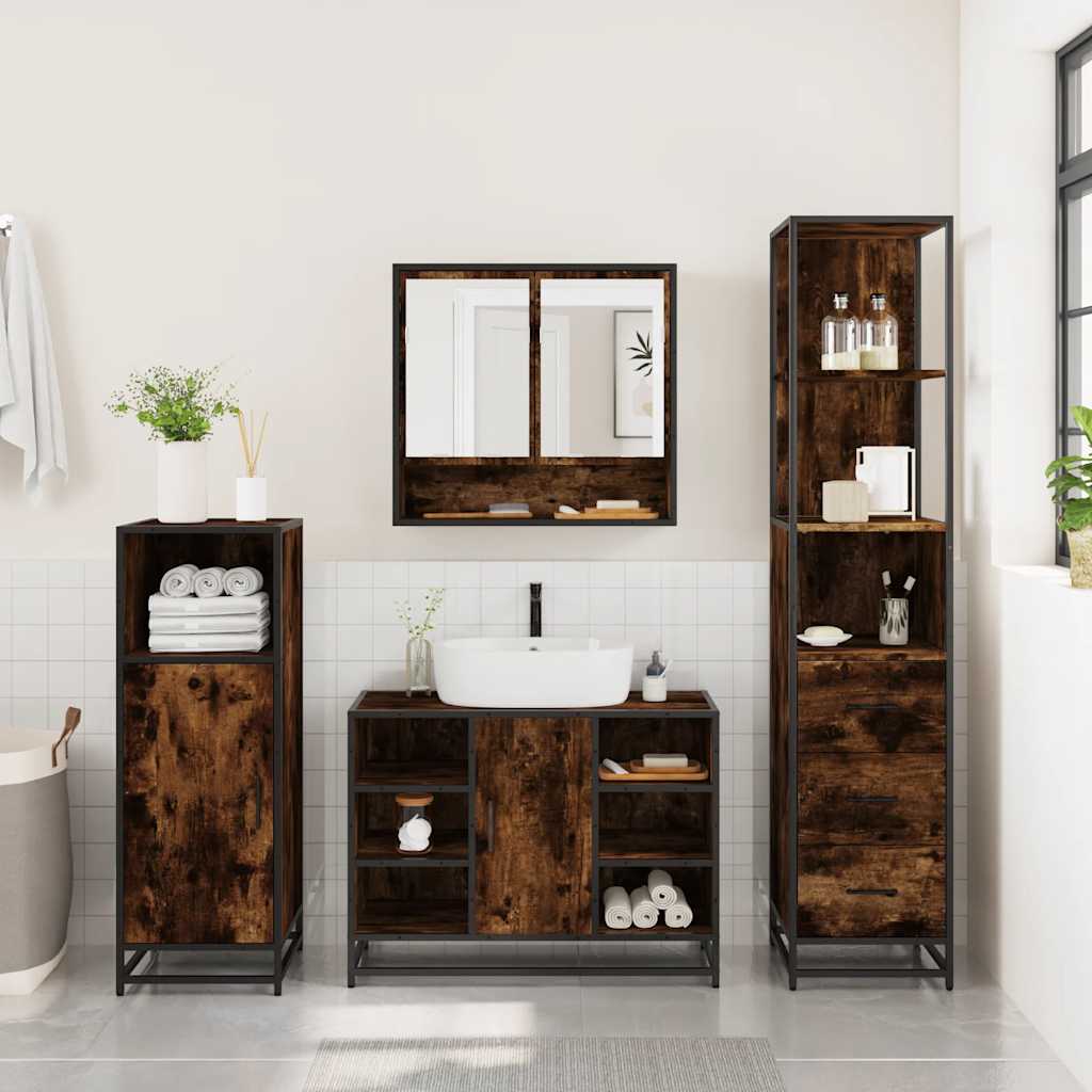 vidaXL Set de mobilier de baie din 3 piese din lemn de stejar afumat vidaXL Set de mobilier de baie din 3 piese din lemn de stejar afumat