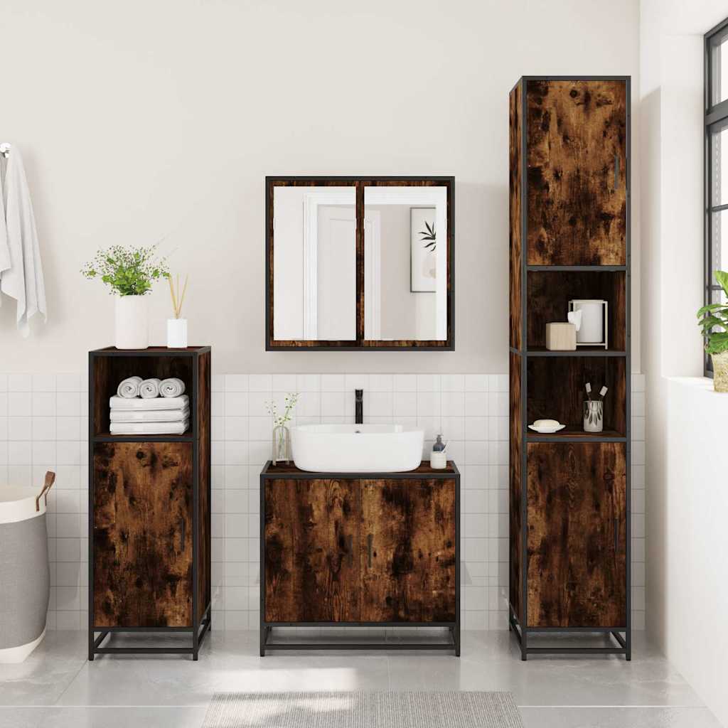 vidaXL Set de mobilier de baie 4 piese Lemn prelucrat de stejar afumat vidaXL Set de mobilier de baie 4 piese Lemn prelucrat de stejar afumat