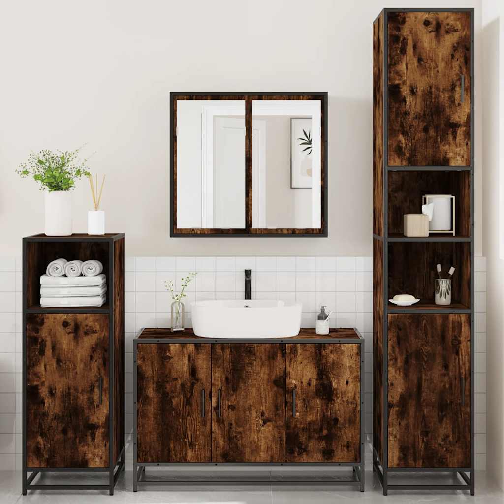 vidaXL Set de mobilier de baie 4 piese Lemn prelucrat de stejar afumat vidaXL Set de mobilier de baie 4 piese Lemn prelucrat de stejar afumat