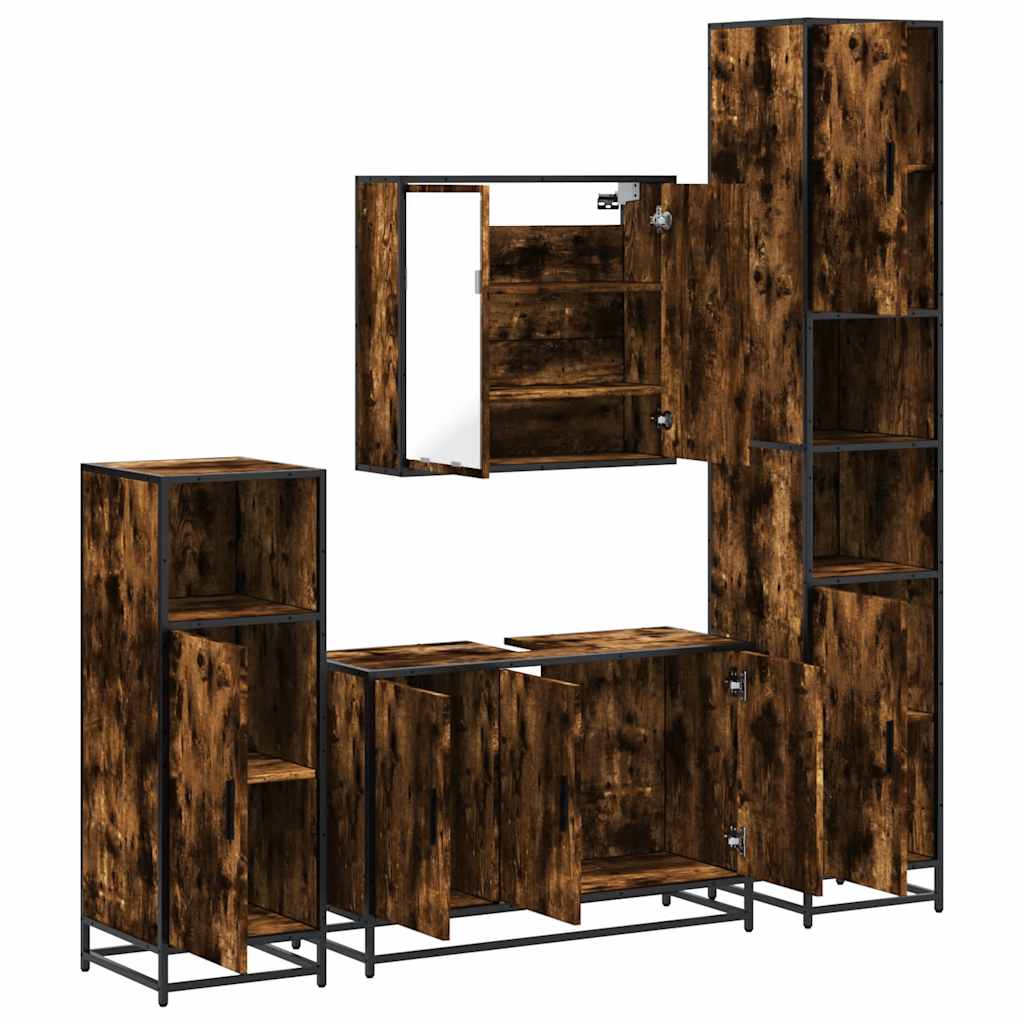 vidaXL Set de mobilier de baie 4 piese Lemn prelucrat de stejar afumat vidaXL Set de mobilier de baie 4 piese Lemn prelucrat de stejar afumat