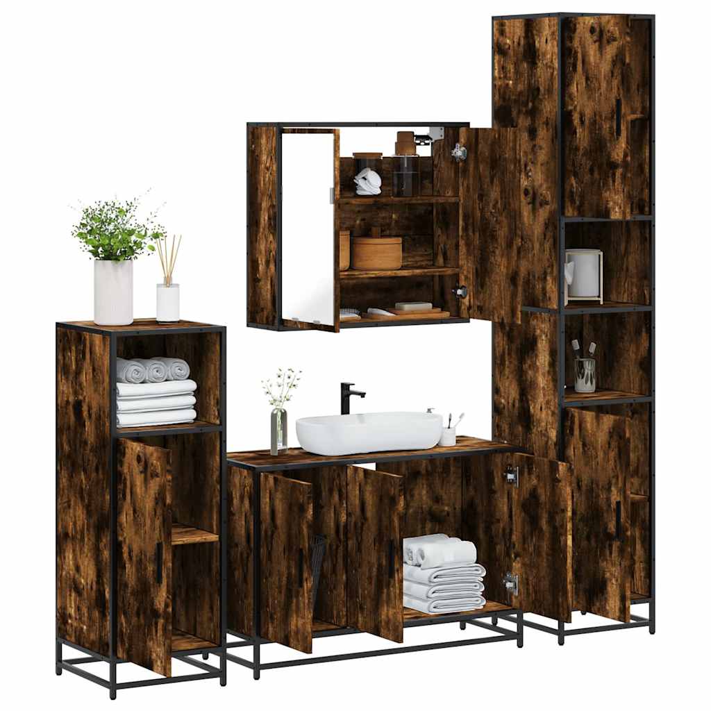 vidaXL Set de mobilier de baie 4 piese Lemn prelucrat de stejar afumat vidaXL Set de mobilier de baie 4 piese Lemn prelucrat de stejar afumat