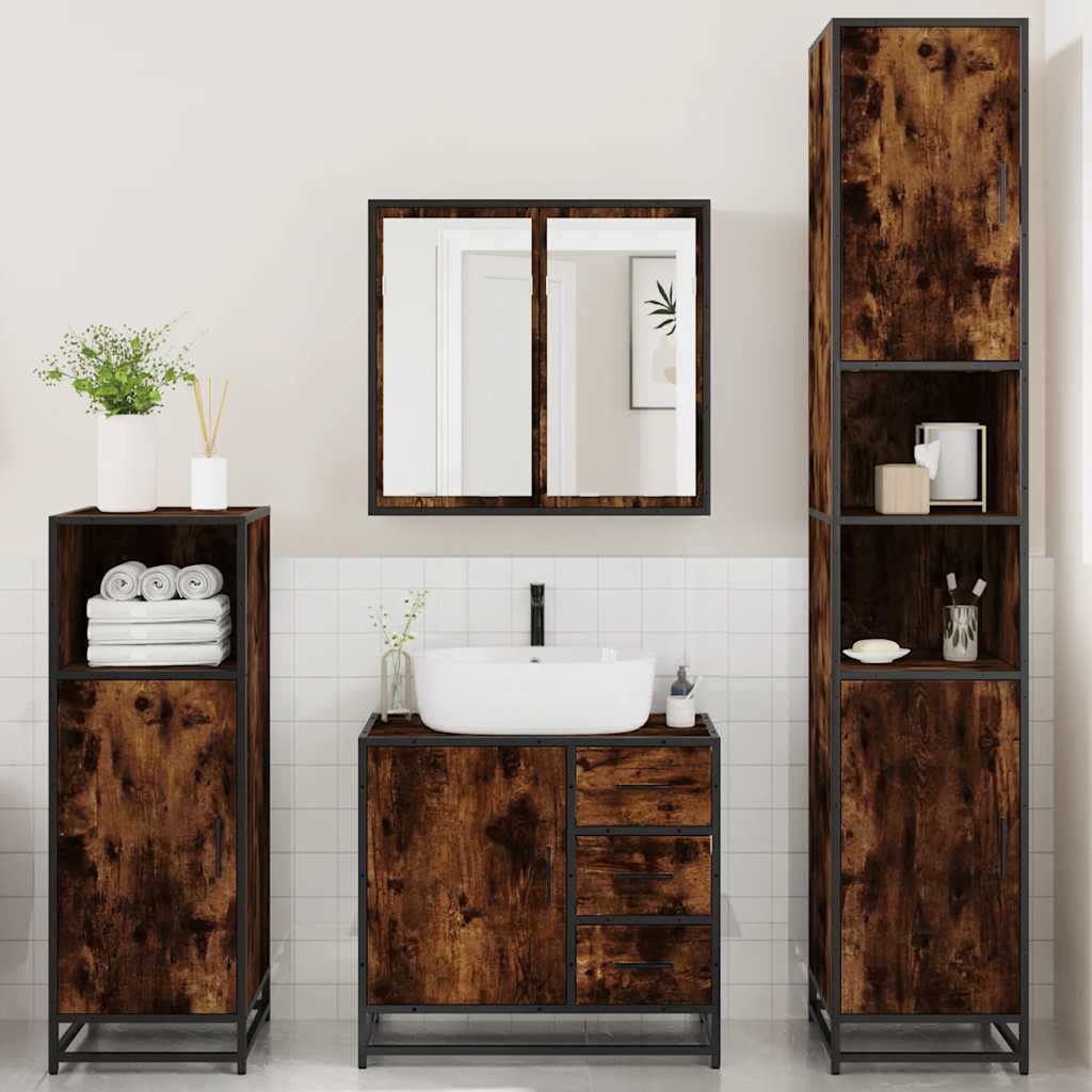 vidaXL Set de mobilier de baie 4 piese Lemn prelucrat de stejar afumat vidaXL Set de mobilier de baie 4 piese Lemn prelucrat de stejar afumat