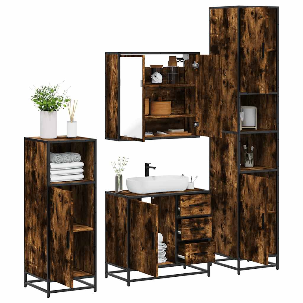 vidaXL Set de mobilier de baie 4 piese Lemn prelucrat de stejar afumat vidaXL Set de mobilier de baie 4 piese Lemn prelucrat de stejar afumat