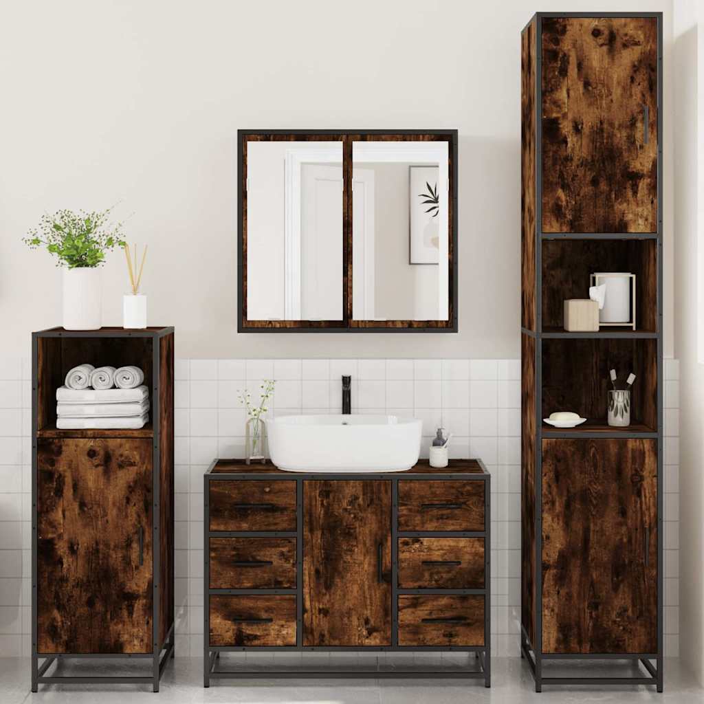 vidaXL Set de mobilier de baie 4 piese Lemn prelucrat de stejar afumat vidaXL Set de mobilier de baie 4 piese Lemn prelucrat de stejar afumat