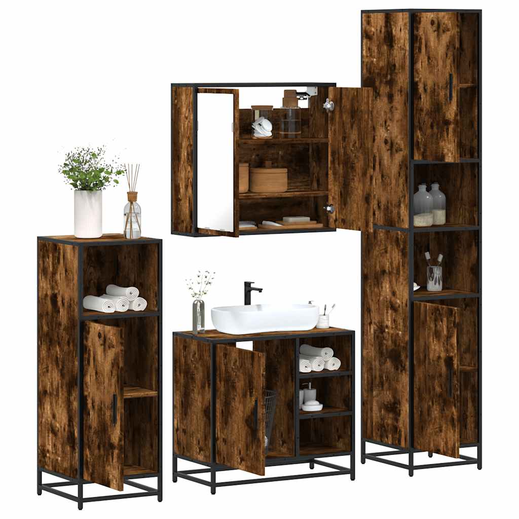 vidaXL Set de mobilier de baie 4 piese Lemn prelucrat de stejar afumat vidaXL Set de mobilier de baie 4 piese Lemn prelucrat de stejar afumat