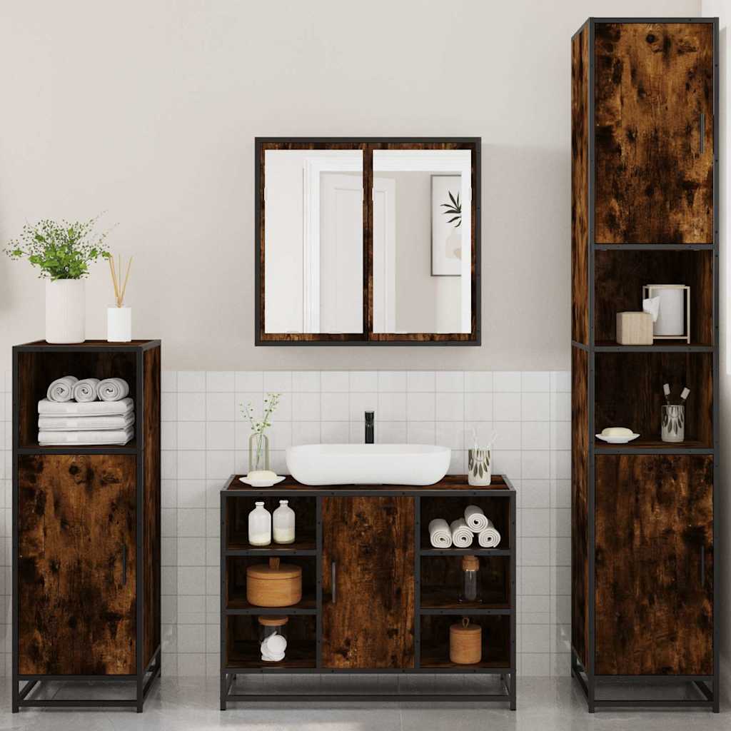 vidaXL Set de mobilier de baie 4 piese Lemn prelucrat de stejar afumat vidaXL Set de mobilier de baie 4 piese Lemn prelucrat de stejar afumat