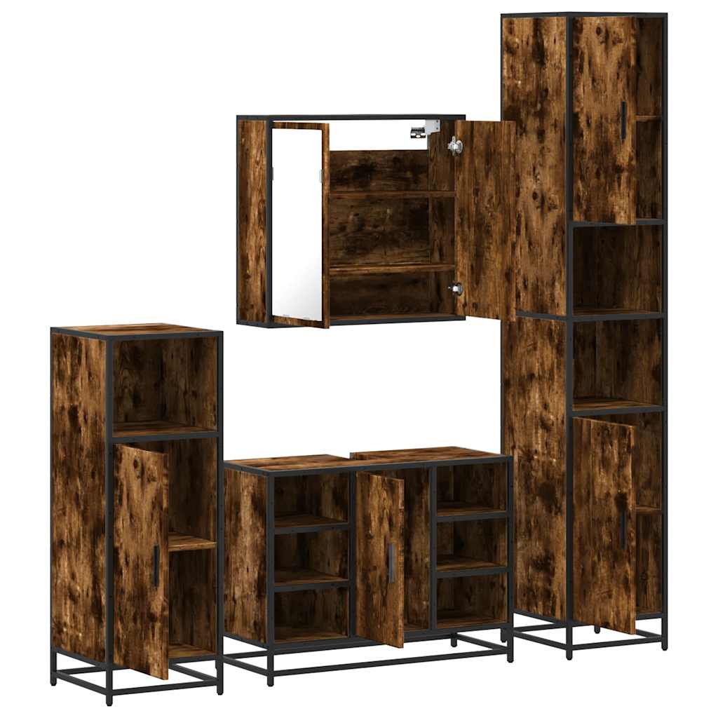 vidaXL Set de mobilier de baie 4 piese Lemn prelucrat de stejar afumat vidaXL Set de mobilier de baie 4 piese Lemn prelucrat de stejar afumat
