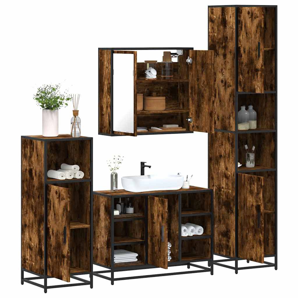vidaXL Set de mobilier de baie 4 piese Lemn prelucrat de stejar afumat vidaXL Set de mobilier de baie 4 piese Lemn prelucrat de stejar afumat
