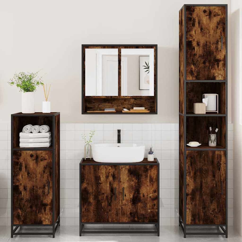 vidaXL Set de mobilier de baie 4 piese Lemn prelucrat de stejar afumat vidaXL Set de mobilier de baie 4 piese Lemn prelucrat de stejar afumat