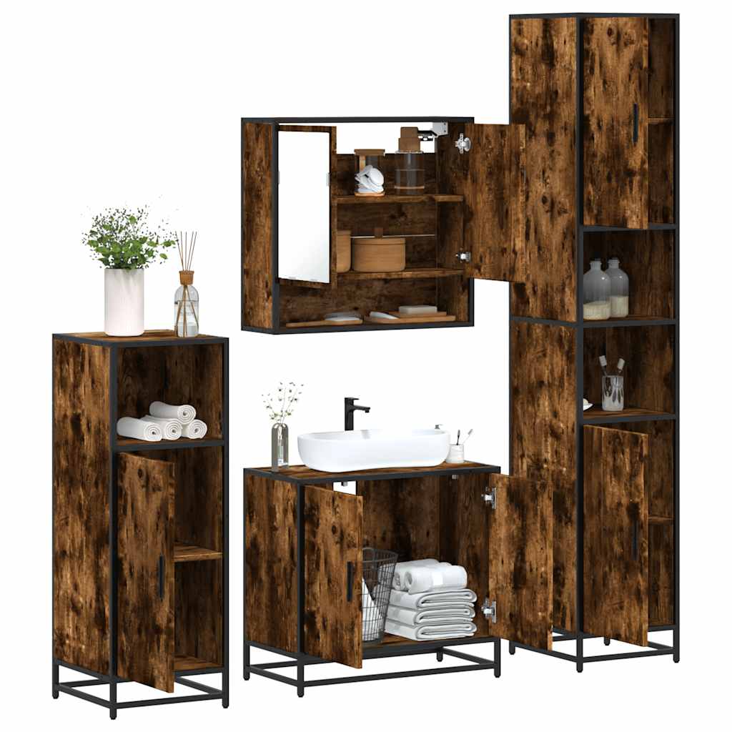 vidaXL Set de mobilier de baie 4 piese Lemn prelucrat de stejar afumat vidaXL Set de mobilier de baie 4 piese Lemn prelucrat de stejar afumat