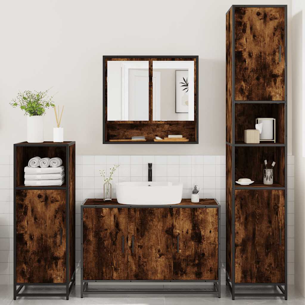 vidaXL Set de mobilier de baie 4 piese Lemn prelucrat de stejar afumat vidaXL Set de mobilier de baie 4 piese Lemn prelucrat de stejar afumat