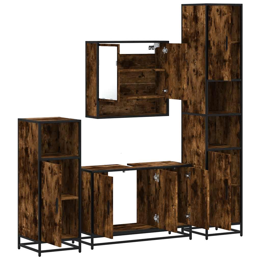 vidaXL Set de mobilier de baie 4 piese Lemn prelucrat de stejar afumat vidaXL Set de mobilier de baie 4 piese Lemn prelucrat de stejar afumat