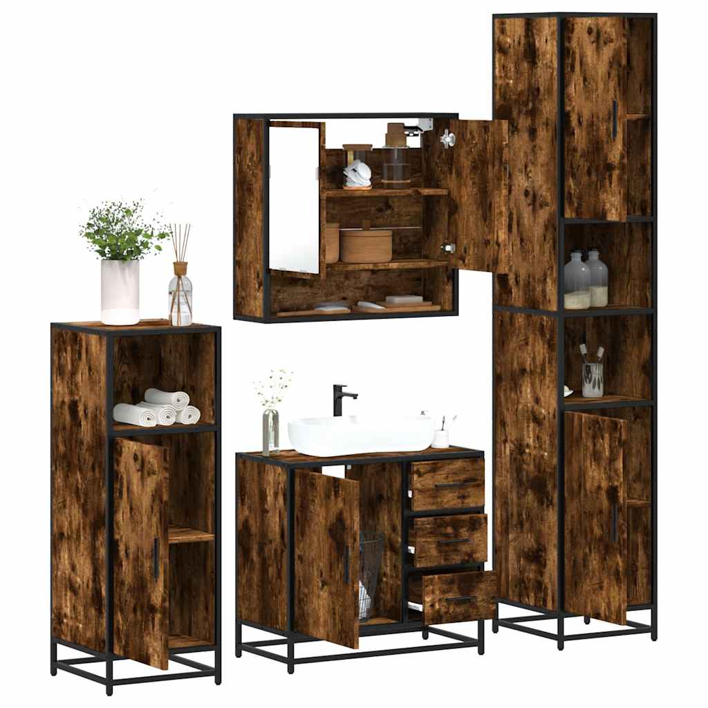 vidaXL Set de mobilier de baie 4 piese Lemn prelucrat de stejar afumat vidaXL Set de mobilier de baie 4 piese Lemn prelucrat de stejar afumat