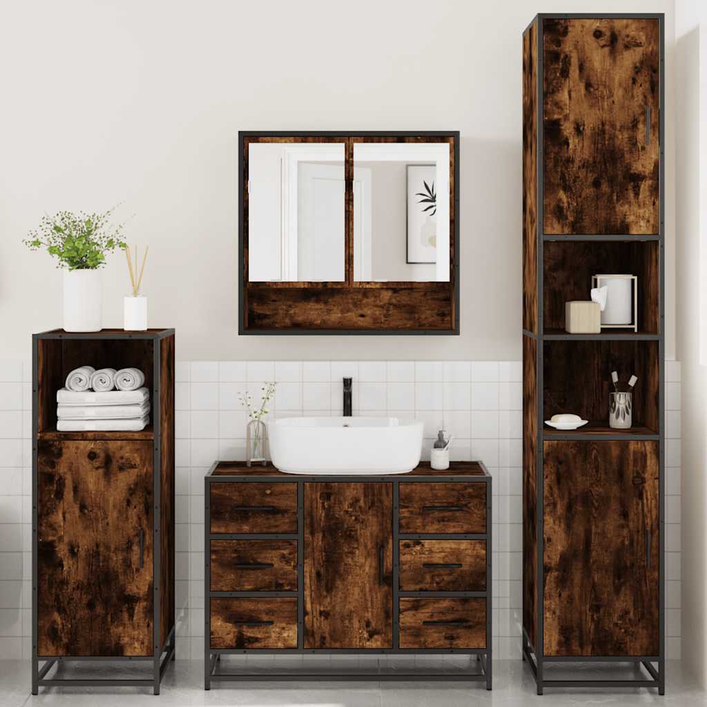 vidaXL Set de mobilier de baie 4 piese Lemn prelucrat de stejar afumat vidaXL Set de mobilier de baie 4 piese Lemn prelucrat de stejar afumat