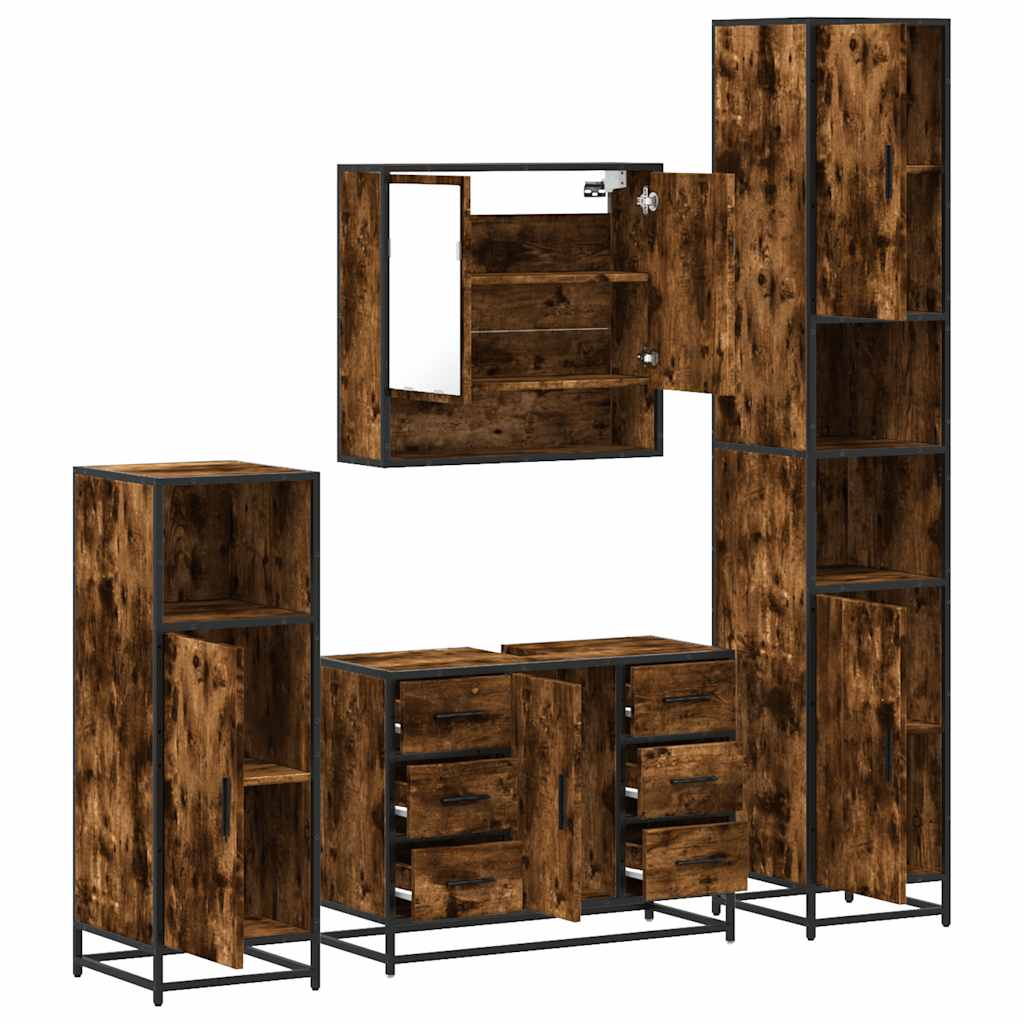 vidaXL Set de mobilier de baie 4 piese Lemn prelucrat de stejar afumat vidaXL Set de mobilier de baie 4 piese Lemn prelucrat de stejar afumat