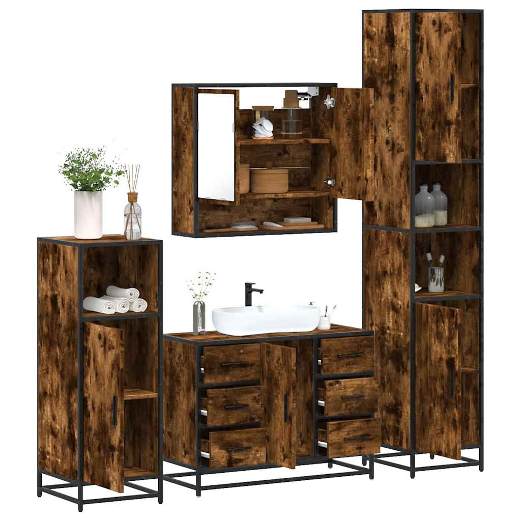 vidaXL Set de mobilier de baie 4 piese Lemn prelucrat de stejar afumat vidaXL Set de mobilier de baie 4 piese Lemn prelucrat de stejar afumat