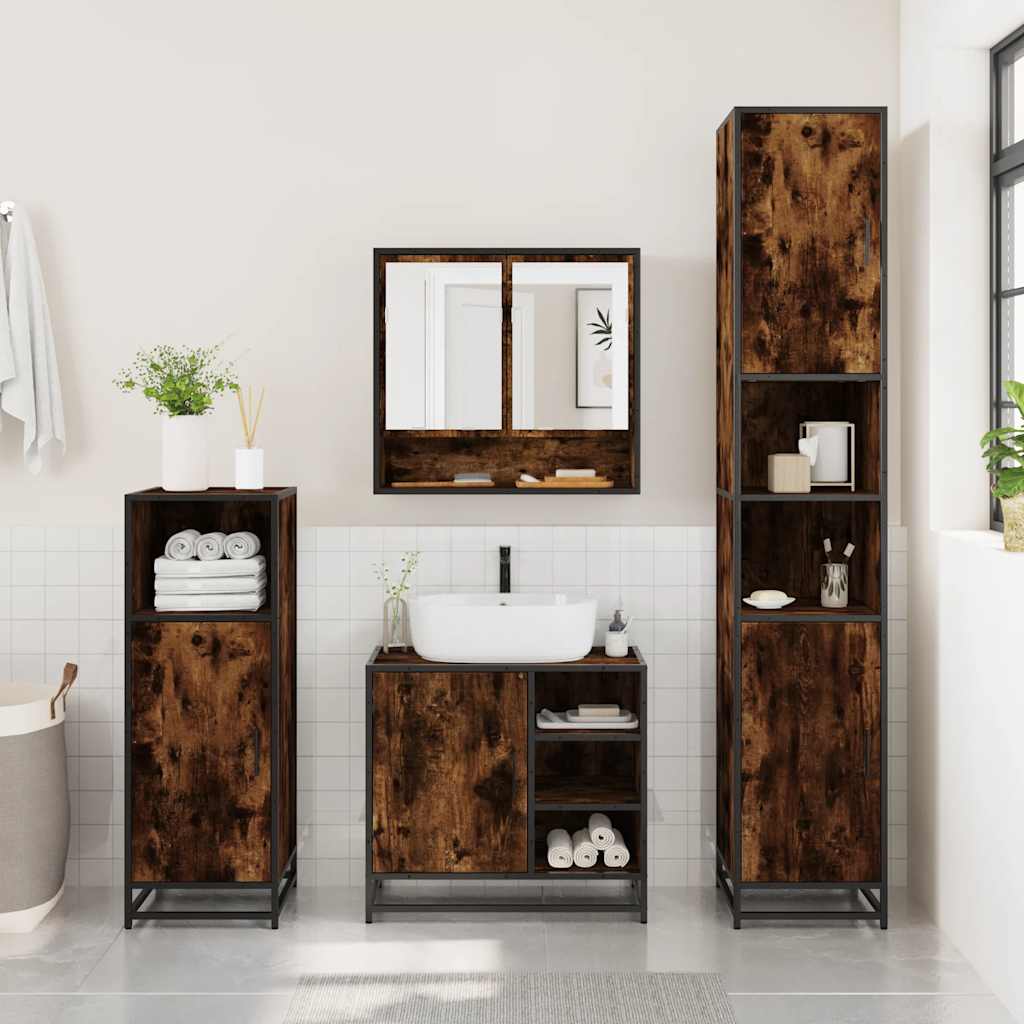 vidaXL Set de mobilier de baie 4 piese Lemn prelucrat de stejar afumat vidaXL Set de mobilier de baie 4 piese Lemn prelucrat de stejar afumat