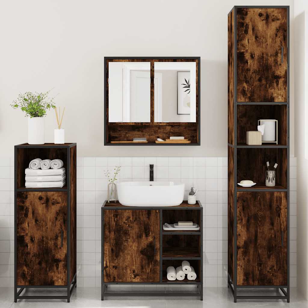 vidaXL Set de mobilier de baie 4 piese Lemn prelucrat de stejar afumat vidaXL Set de mobilier de baie 4 piese Lemn prelucrat de stejar afumat