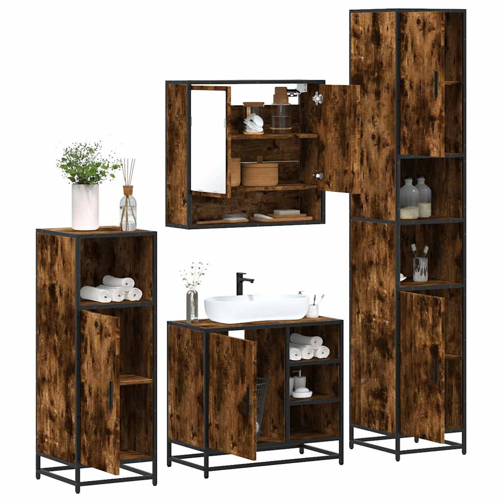 vidaXL Set de mobilier de baie 4 piese Lemn prelucrat de stejar afumat vidaXL Set de mobilier de baie 4 piese Lemn prelucrat de stejar afumat