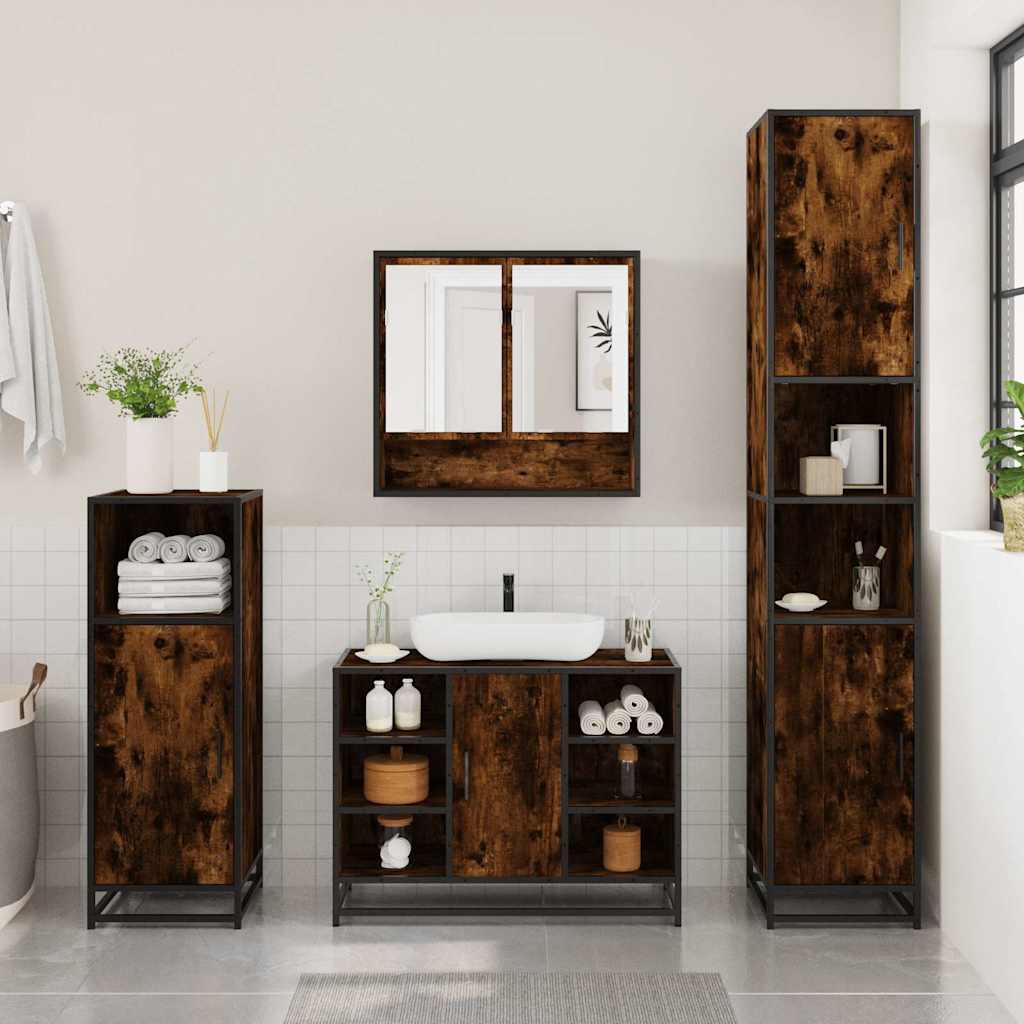 vidaXL Set de mobilier de baie 4 piese Lemn prelucrat de stejar afumat vidaXL Set de mobilier de baie 4 piese Lemn prelucrat de stejar afumat