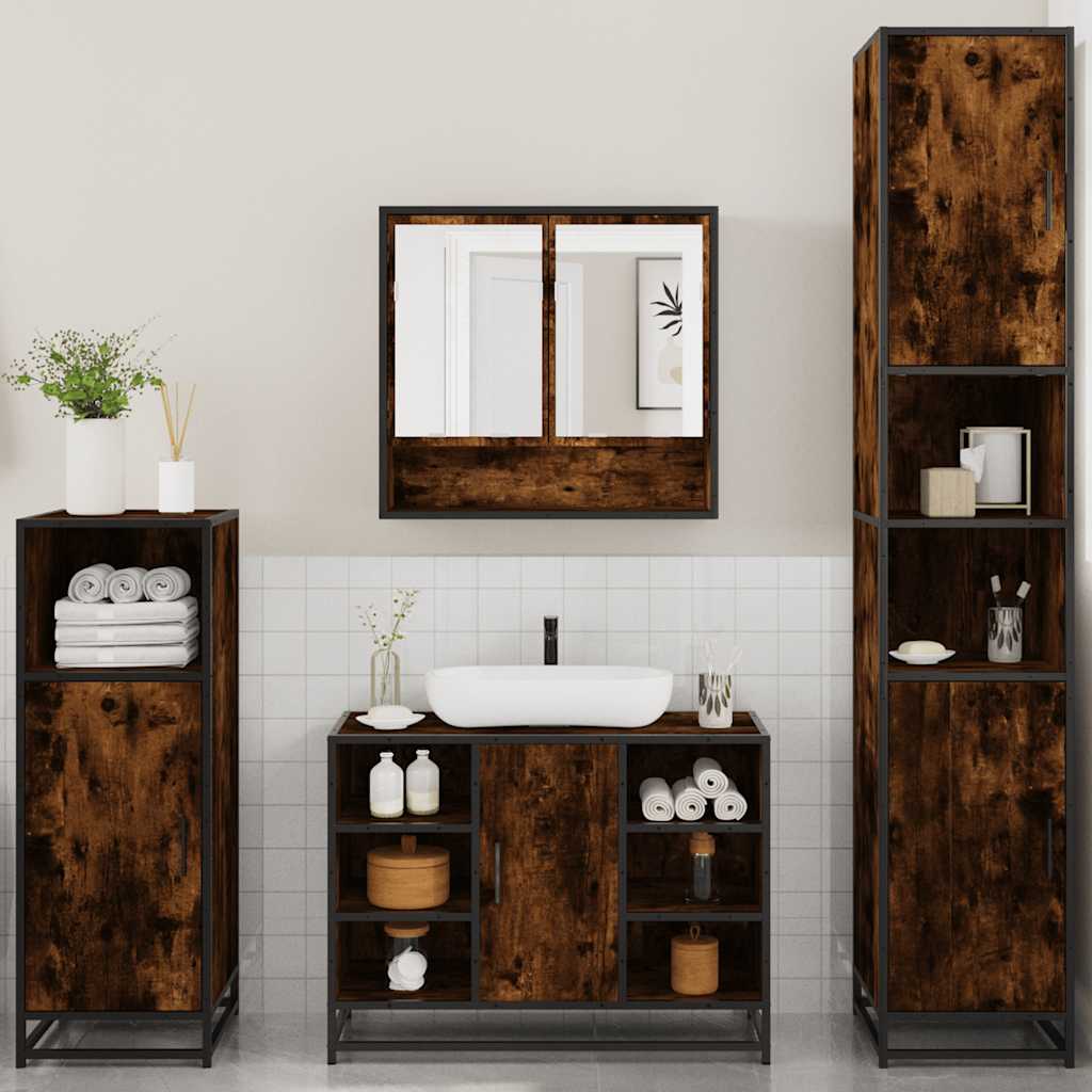 vidaXL Set de mobilier de baie 4 piese Lemn prelucrat de stejar afumat vidaXL Set de mobilier de baie 4 piese Lemn prelucrat de stejar afumat