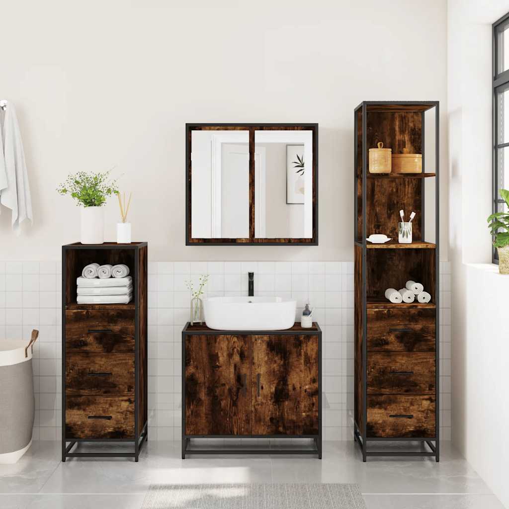 vidaXL Set de mobilier de baie 4 piese Lemn prelucrat de stejar afumat vidaXL Set de mobilier de baie 4 piese Lemn prelucrat de stejar afumat