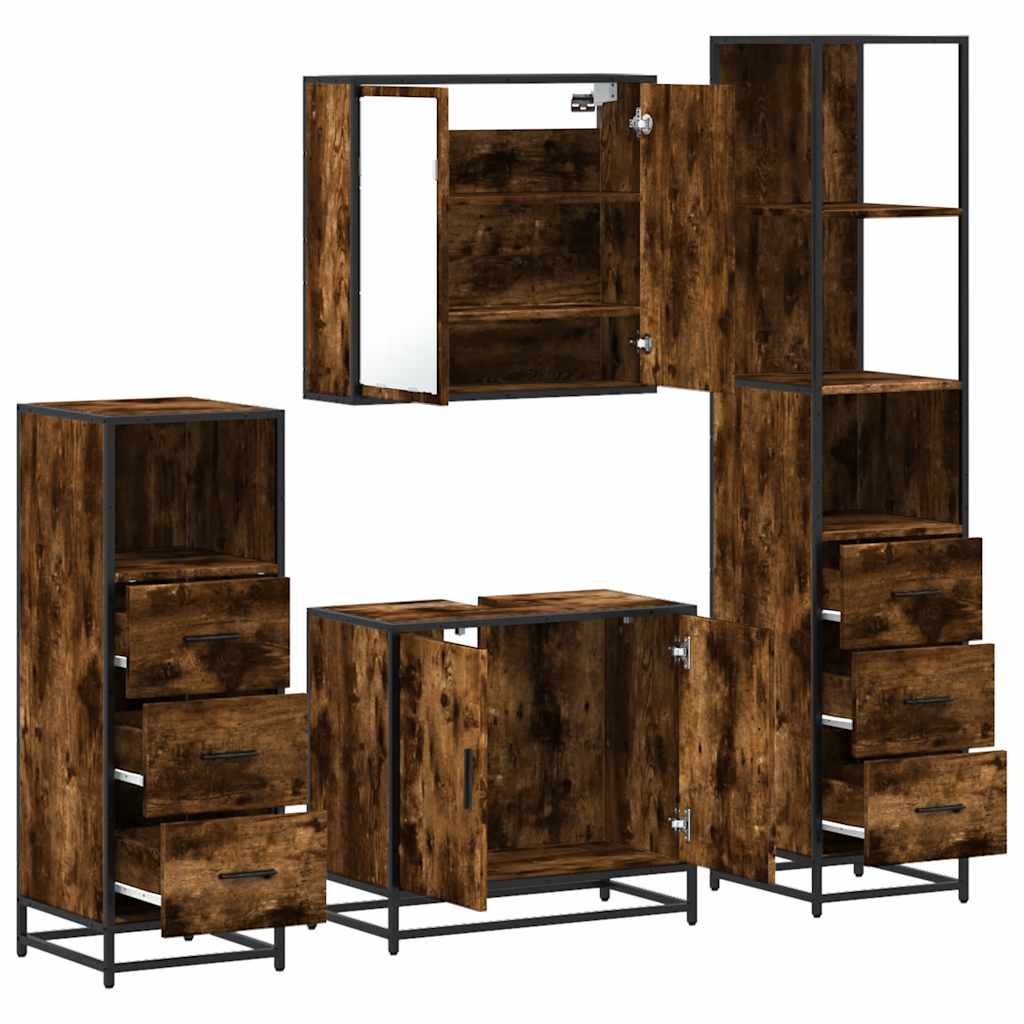 vidaXL Set de mobilier de baie 4 piese Lemn prelucrat de stejar afumat vidaXL Set de mobilier de baie 4 piese Lemn prelucrat de stejar afumat